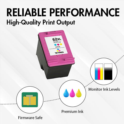 Replacement HP 62XL Color Ink Cartridge - With Chip - High Yield - C2P07AN - Firmware Safe