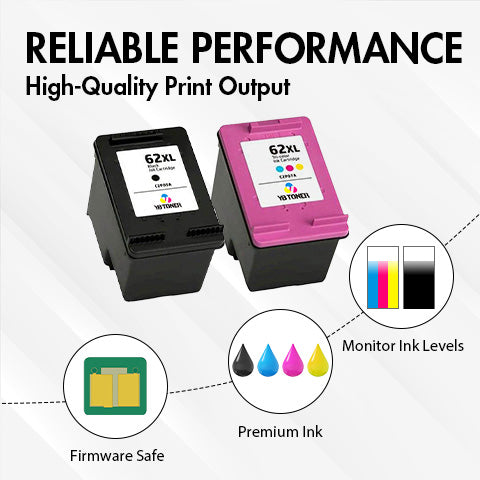 Replacement HP 62XL Ink Cartridge Combo Pack of 2 - With Chip - High Yield (1 Black & 1 Tri-Color) - Firmware Safe