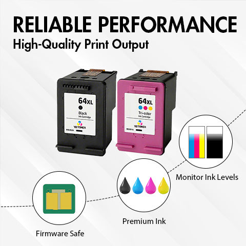 Replacement HP Ink 64XL Combo Pack of 5 - With Chip - High Yield (3 Black & 2 Tri-Color) - Firmware Safe