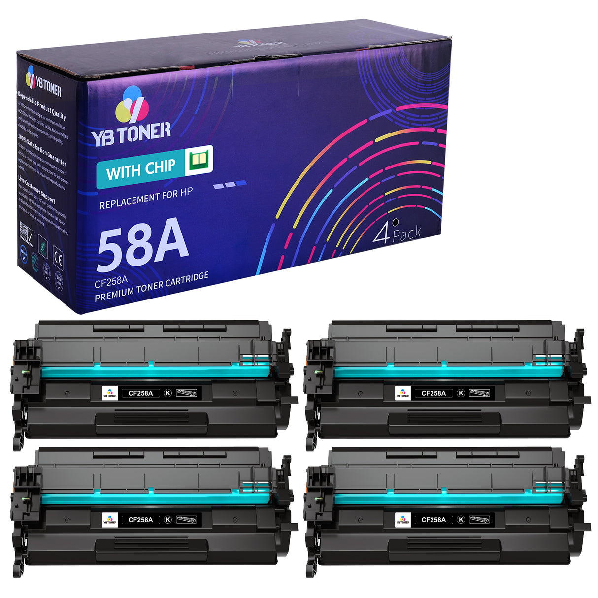 Compatible HP CF258A 58A Toner Cartridges 4-Pack (With Smart Chip) | Displays Toner Levels