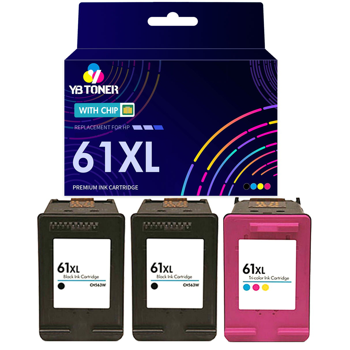Replacement HP Ink 61XL Combo Pack of 3 – With Chip – High Yield (2 Black & 1 Tri-Color) - Firmware Safe