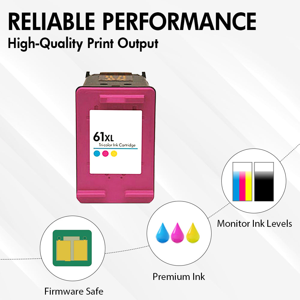 Replacement HP 61XL Color Ink Cartridge – With Chip – High Yield – CH564WN – Firmware Safe