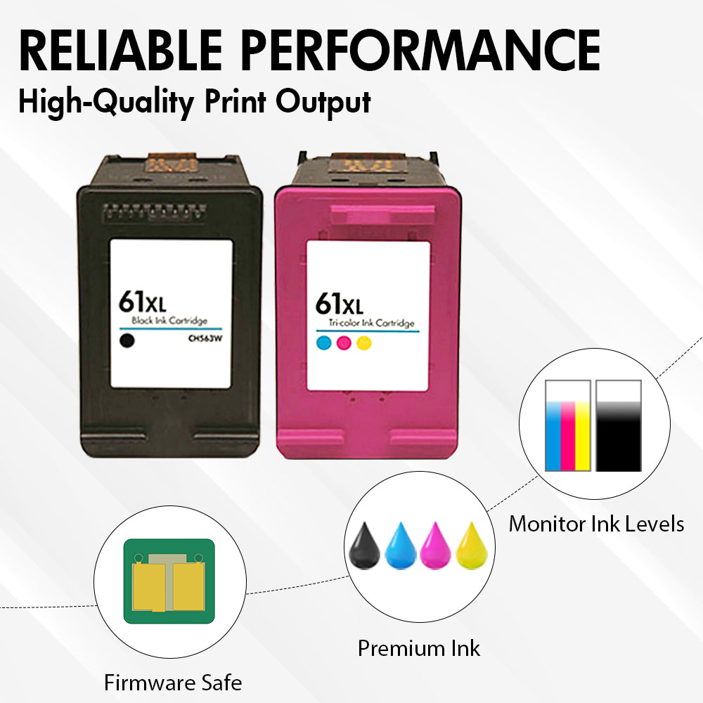Replacement HP 61XL Printer Cartridge 5-Pack – With Chip – High Yield (3 Black & 2 Tri-Color) - Firmware Safe