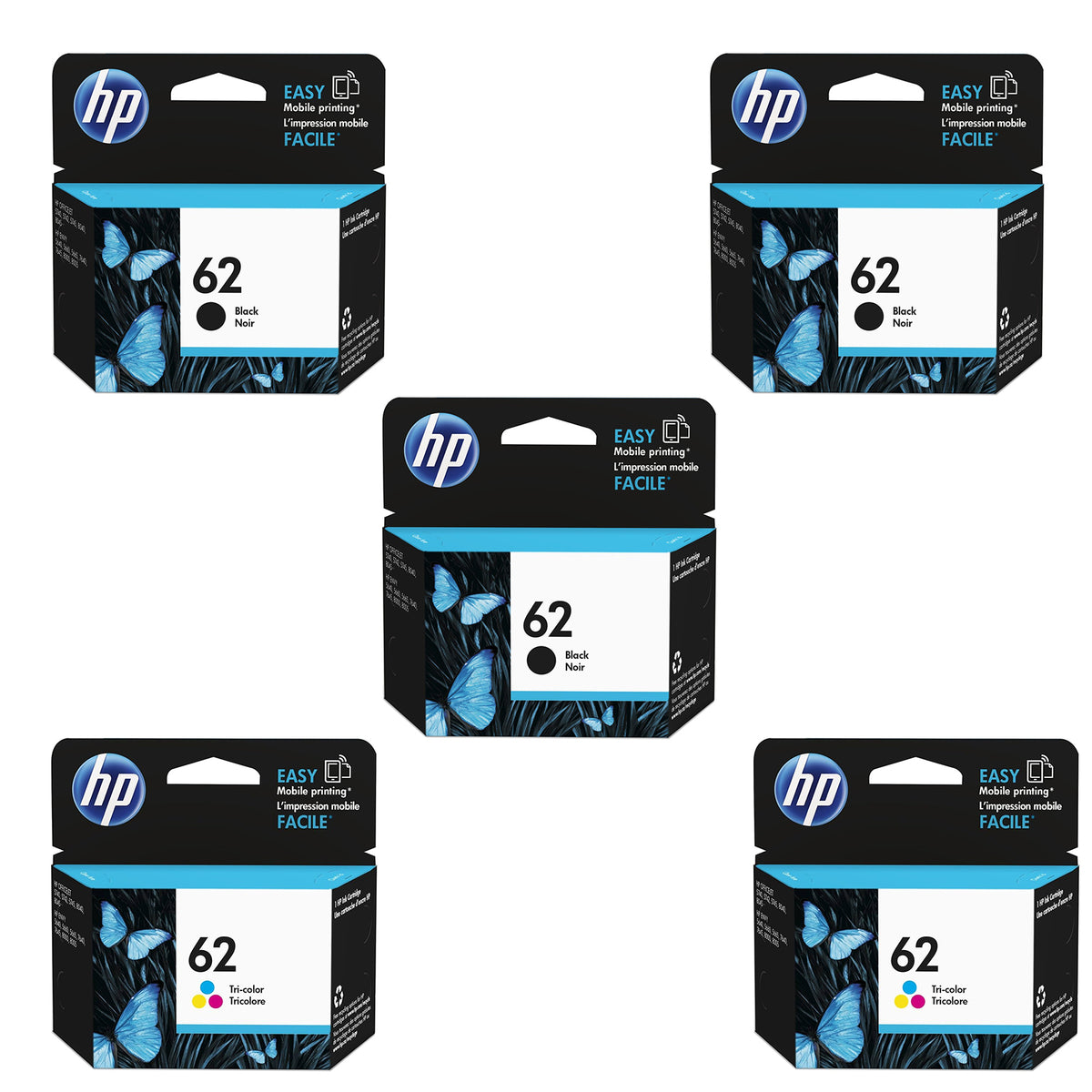 Original HP Printer Cartridge 62 5-Pack - Standard Yield - 3 Black & 2 Tri-Color