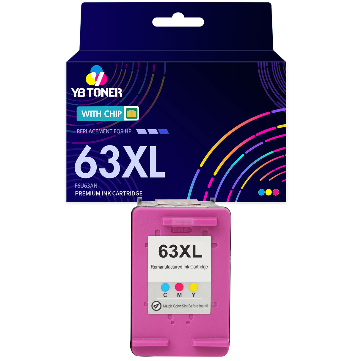 HP 63XL Tri-color Ink Cartridge Replacement(F6U63AN) - With Chip - High Yield - Firmware Safe