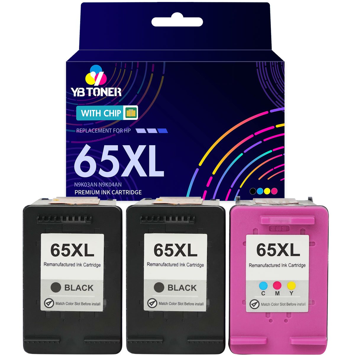 Replacement HP Ink 65XL Combo Pack of 3 - With Chip - High Yield (2 Black & 1 Tri-Color) - Firmware Safe