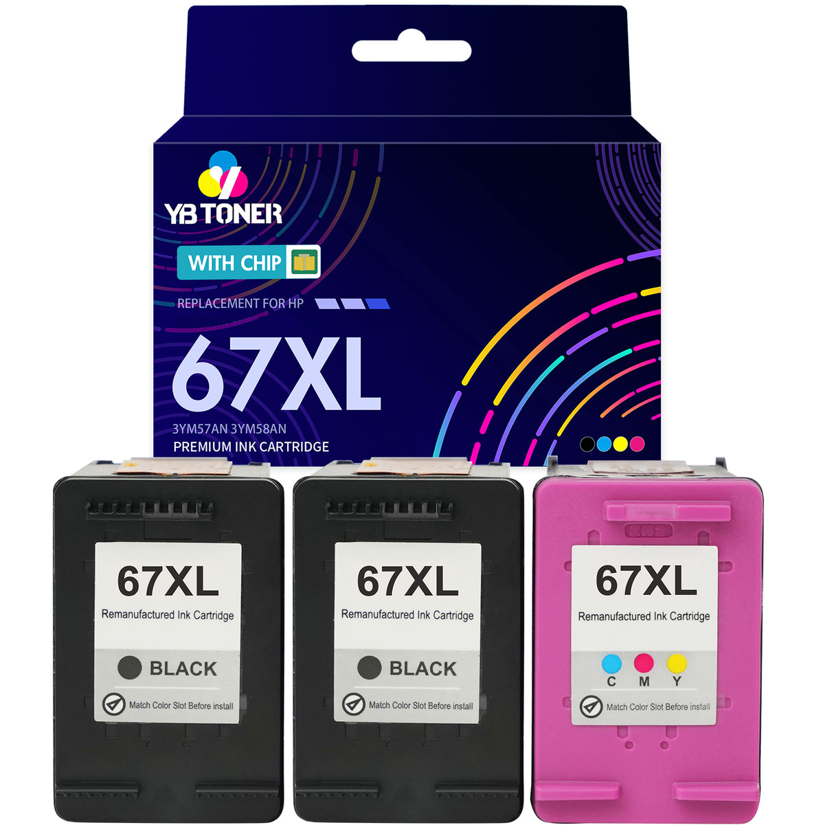 Replacement HP Ink 67XL Combo Pack of 3 – With Chip – High Yield (2 Black & 1 Tri-Color) - Firmware Safe