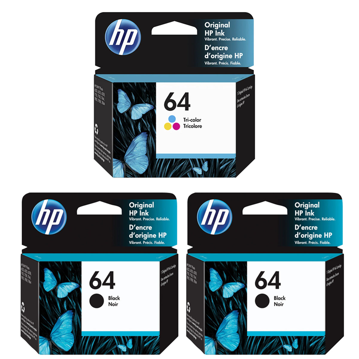 Original HP 64 Ink Cartridges 3-Pack - Standard Yield - 2 Black & 1 Tri-Color