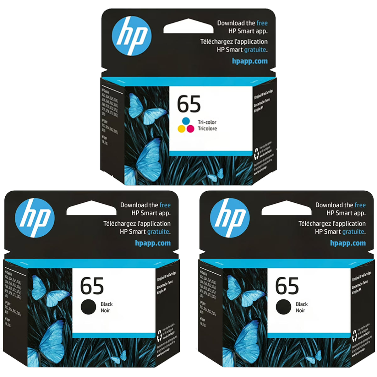 Original HP Ink 65 Combo Pack of 3 - Standard Yield - 2 Black & 1 Tri-Color