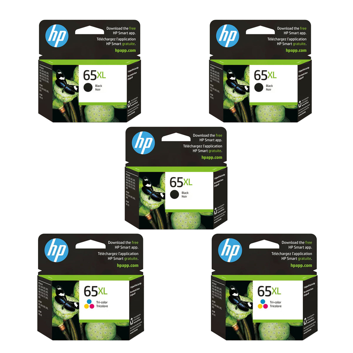 Original HP 65XL Ink Cartridges 5-Pack - High Yield - 3 Black & 2 Tri-Color