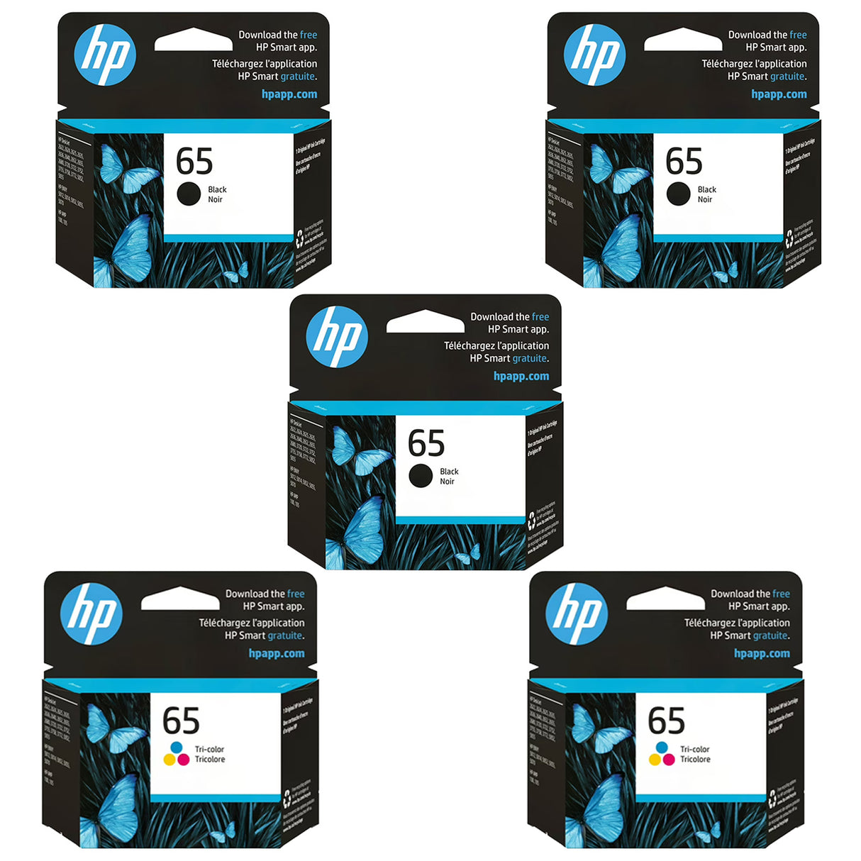 Original HP 65 Ink Cartridges 5-Pack - Standard Yield - 3 Black & 2 Tri-Color