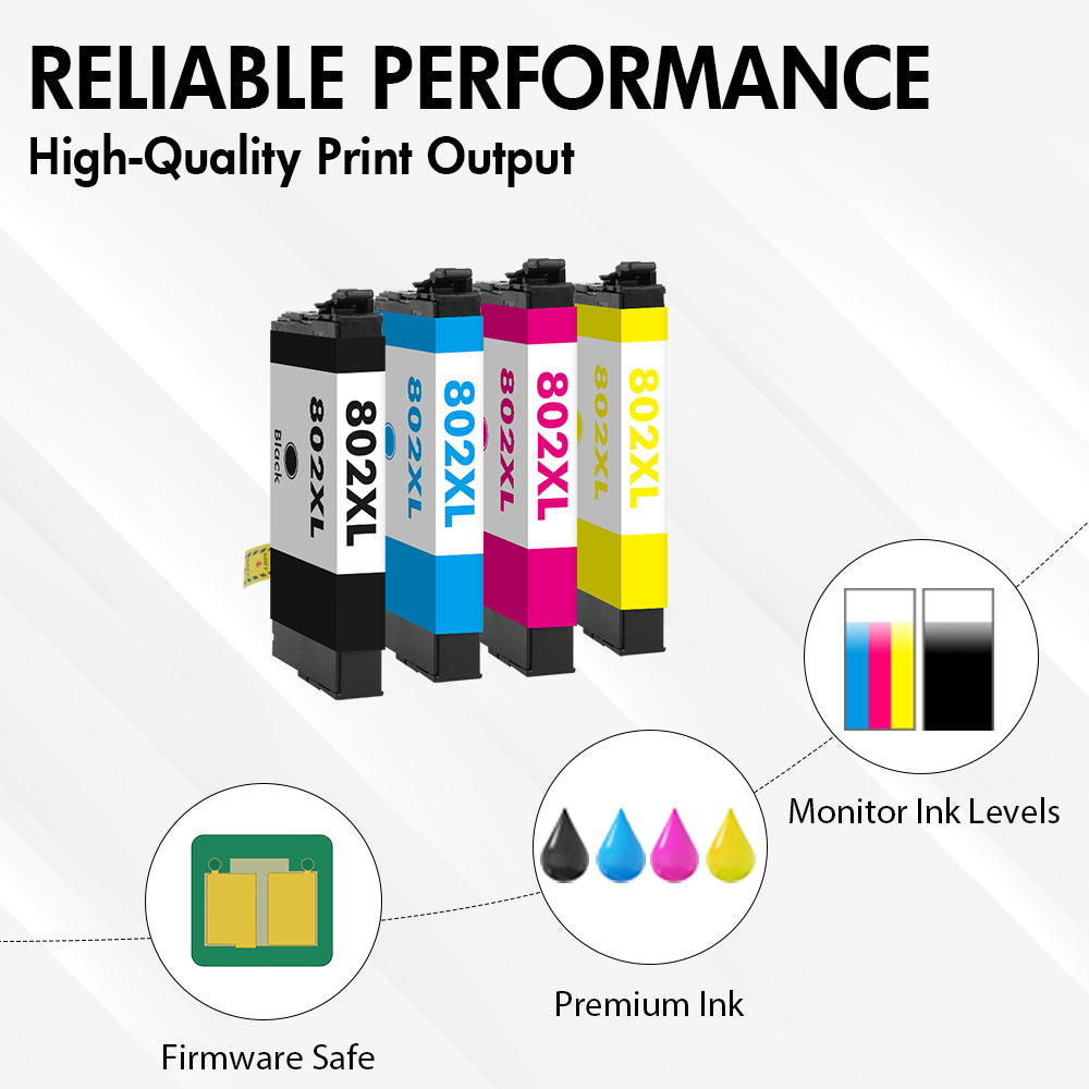 Compatible Epson 802XL Ink 4-Pack - High Yield: 1 Black, 1 Cyan, 1 Magenta, 1 Yellow