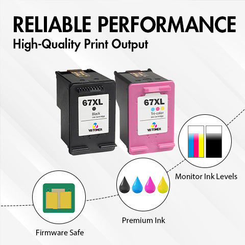 Replacement HP 67XL Combo Pack of 5 - With Chip - High Yield (3 Black & 2 Tri-Color) - Firmware Safe