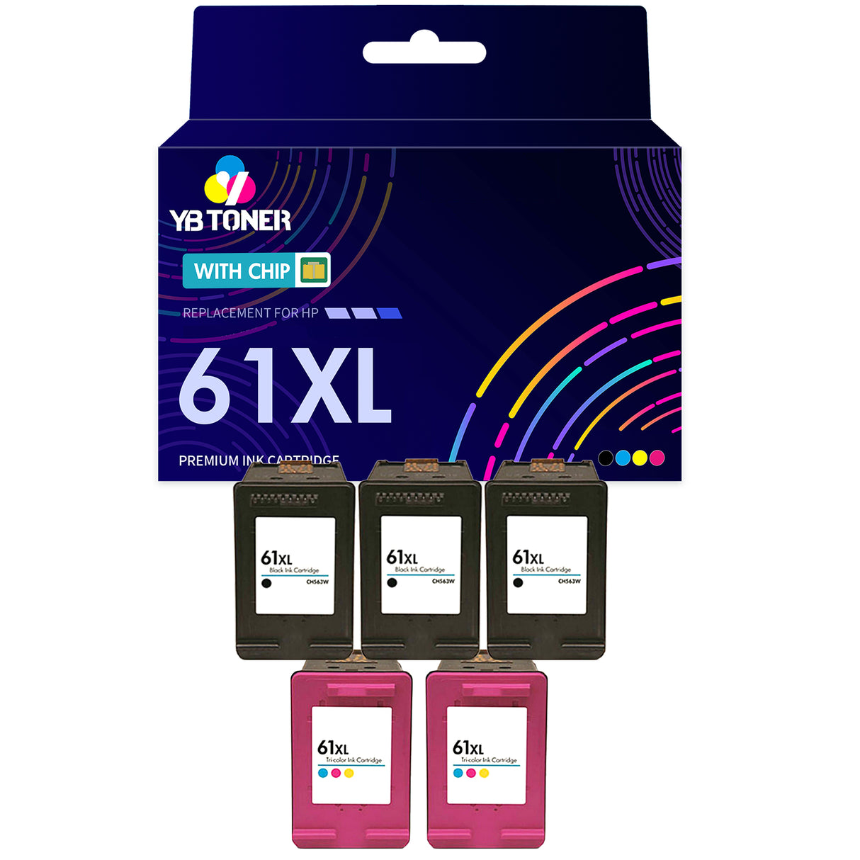 Replacement HP 61XL Printer Cartridge 5-Pack  – With Chip – High Yield (3 Black & 2 Tri-Color) - Firmware Safe