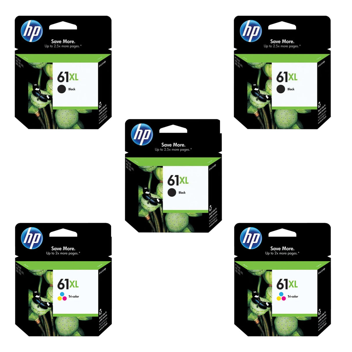 Original HP 61XL Ink Cartridges 5-Pack - High Yield - 3 Black & 2 Tri-Color