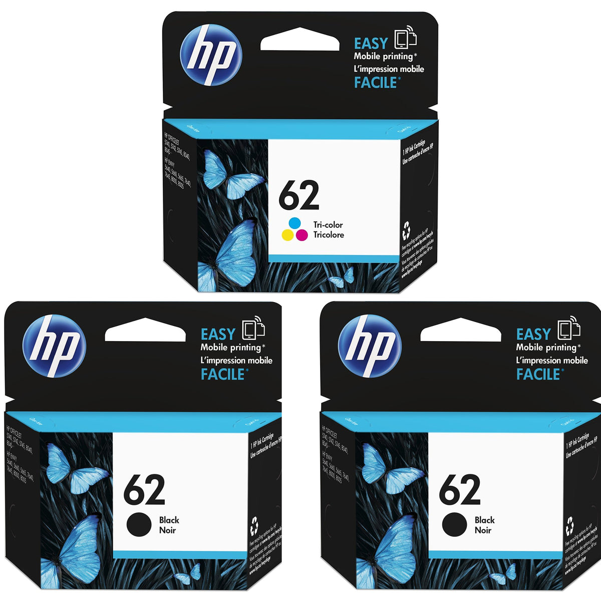 Original HP Printer Ink 62 Cartridge 3-Pack - Standard Yield - 2 Black & 1 Tri-Color