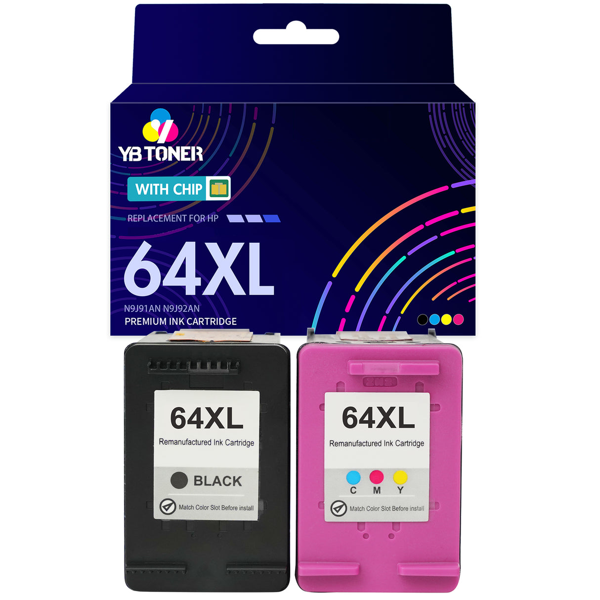Replacement HP 64XL Ink Combo Pack of 2 (1 Black & 1 Tri-Color) - With Chip - High Yield - Firmware Safe