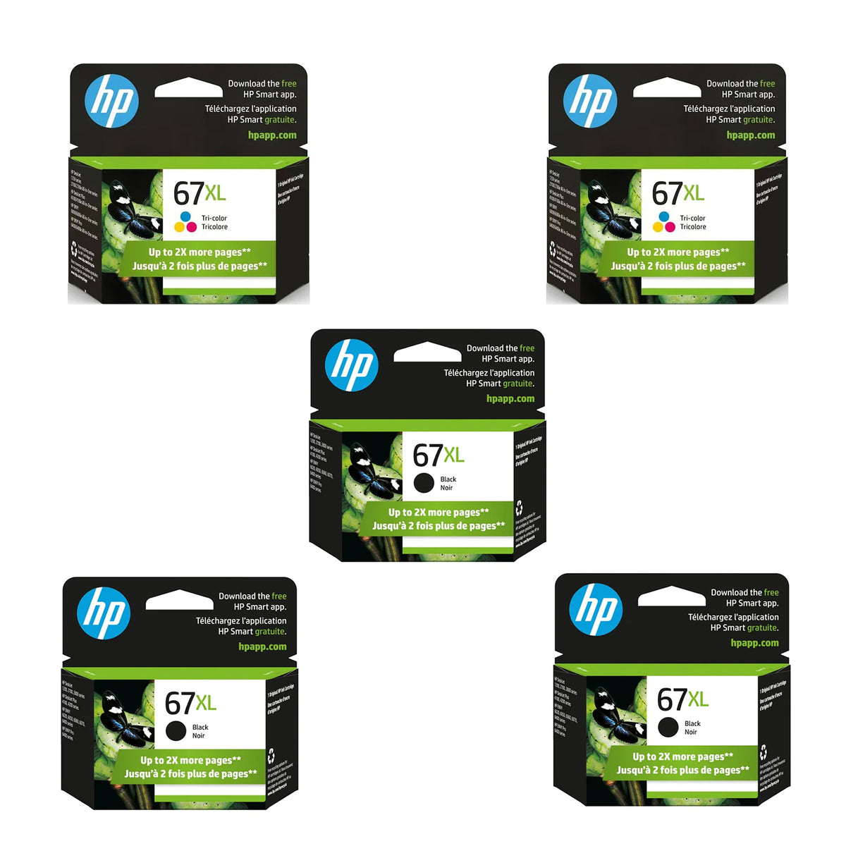Original HP 67XL Ink Cartridges 5-Pack - High Yield - 3 Black & 2 Tri-Color
