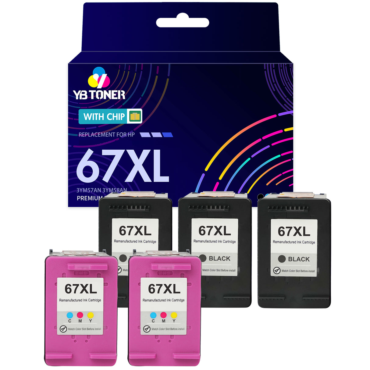 Replacement HP 67XL Combo Pack of 5 - With Chip - High Yield (3 Black & 2 Tri-Color) - Firmware Safe