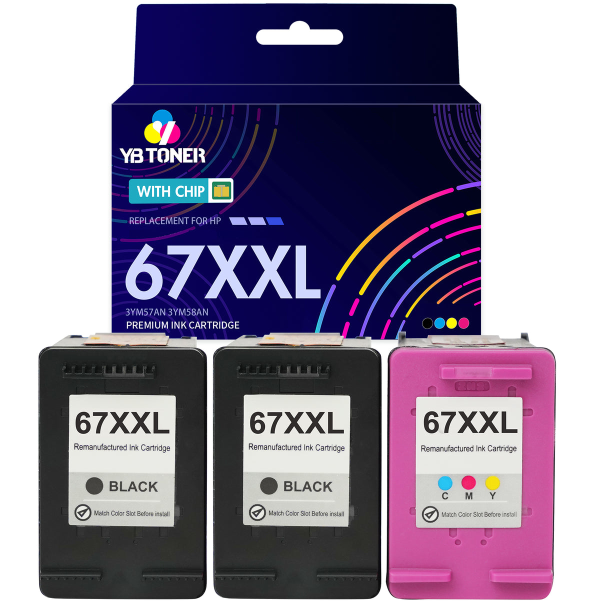 Replacement HP Ink 67XXL Combo Pack of 3 – With Chip – Ultra High Yield (2 Black & 1 Tri-Color) - Firmware Safe
