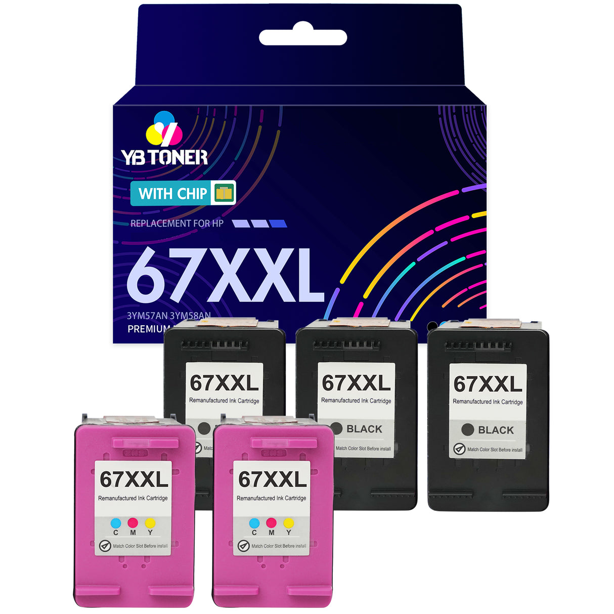 Replacement HP 67XXL Cartridge Combo Pack of 5 - With Chip - Ultra High Yield (3 Black &amp; 2 Tri-Color) - Firmware Safe