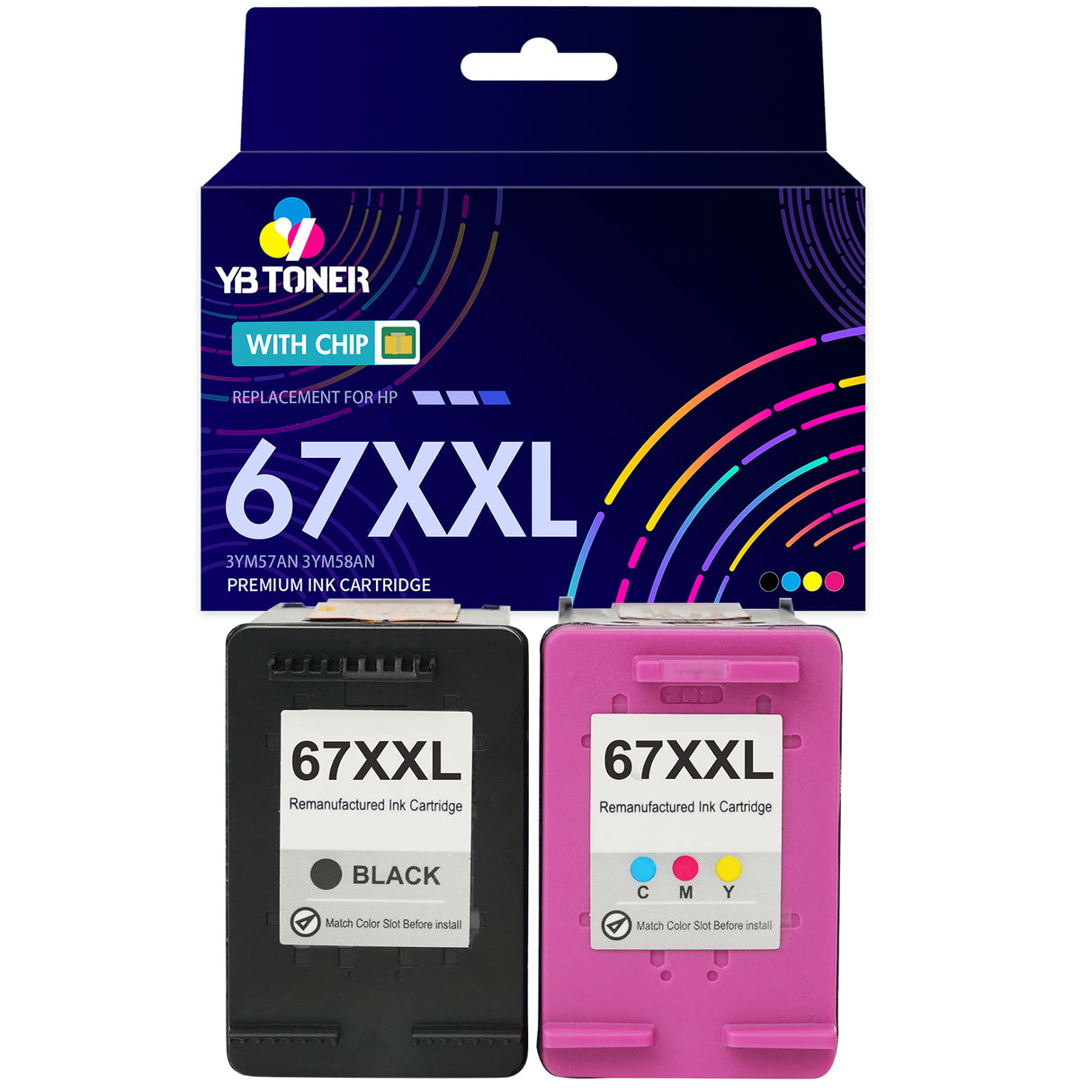 Replacement HP 67XXL Ink Cartridges Combo Pack of 2 – With Chip – Ultra High Yield (1 Black & 1 Tri-Color) - Firmware Safe