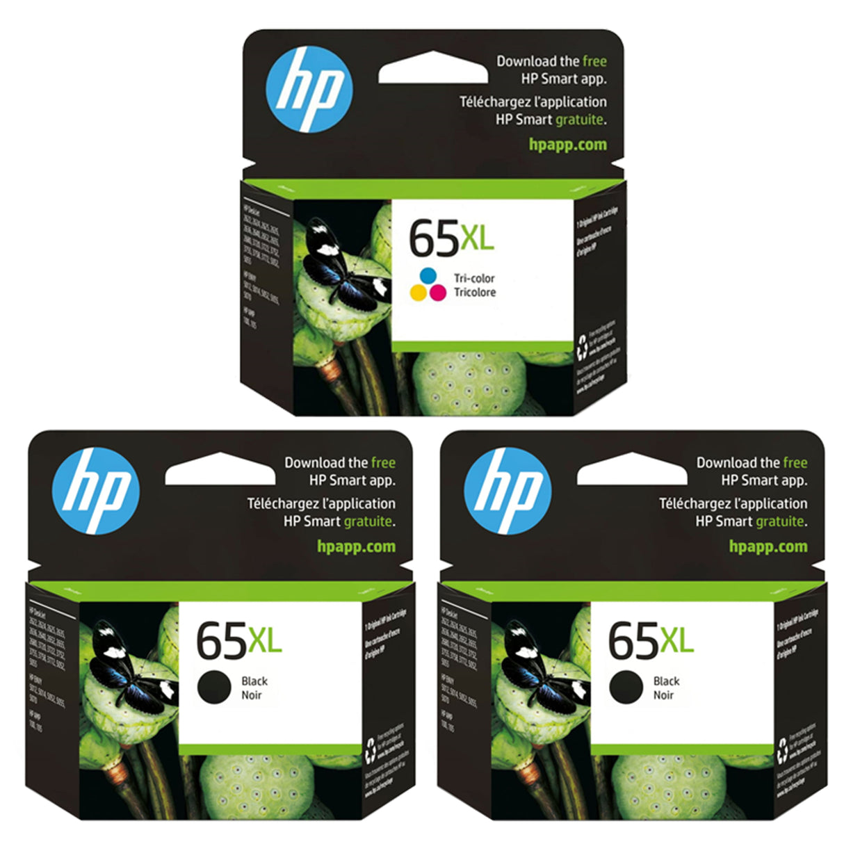 Original HP Ink 65XL Combo Pack of 3 - High Yield - 2 Black & 1 Tri-Color