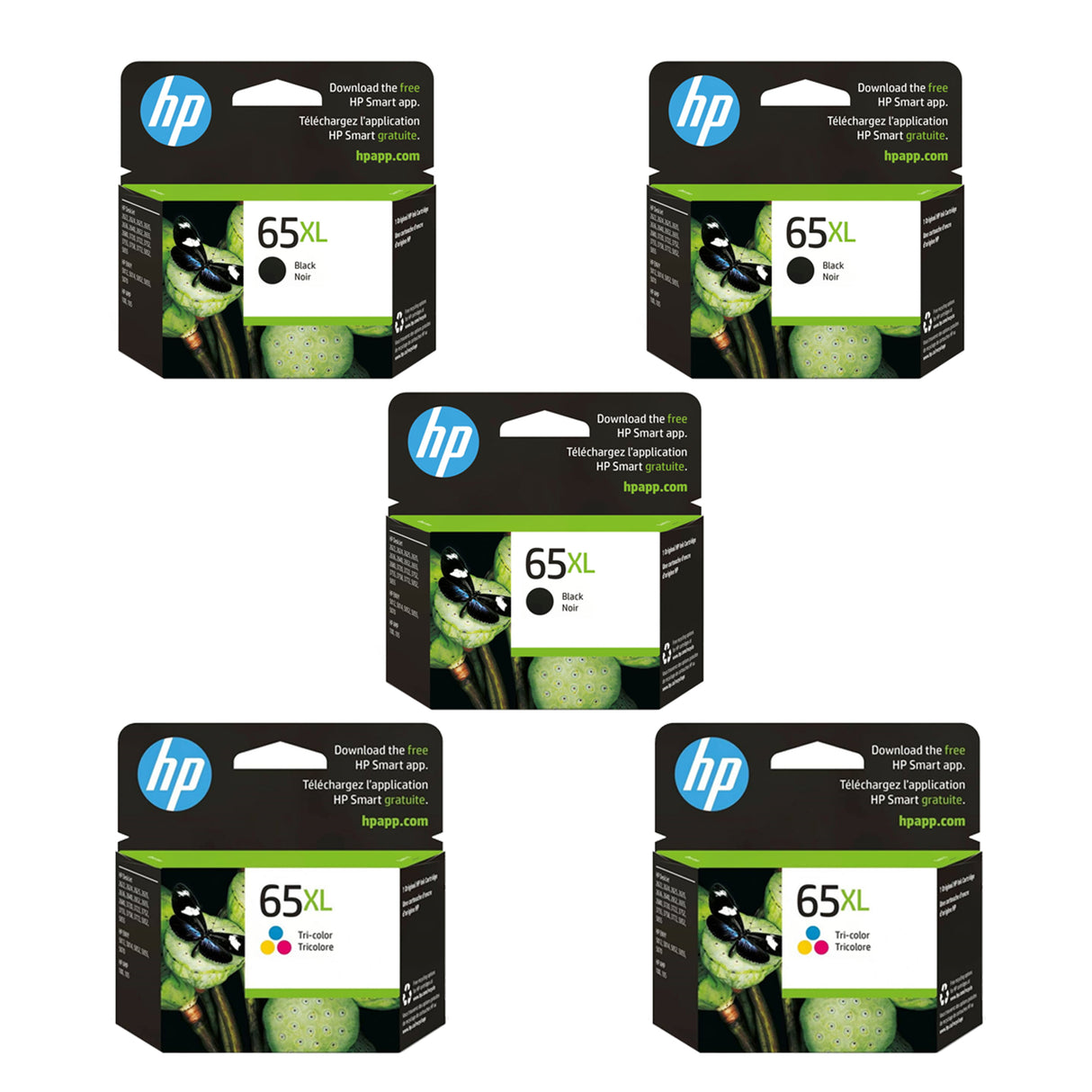 Original HP 65XL Ink Cartridges 5-Pack - High Yield - 3 Black & 2 Tri-Color