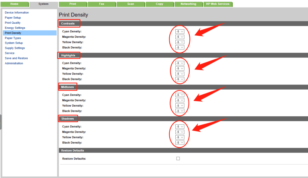 adjust print density velues