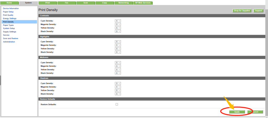 confirm print density adjustment