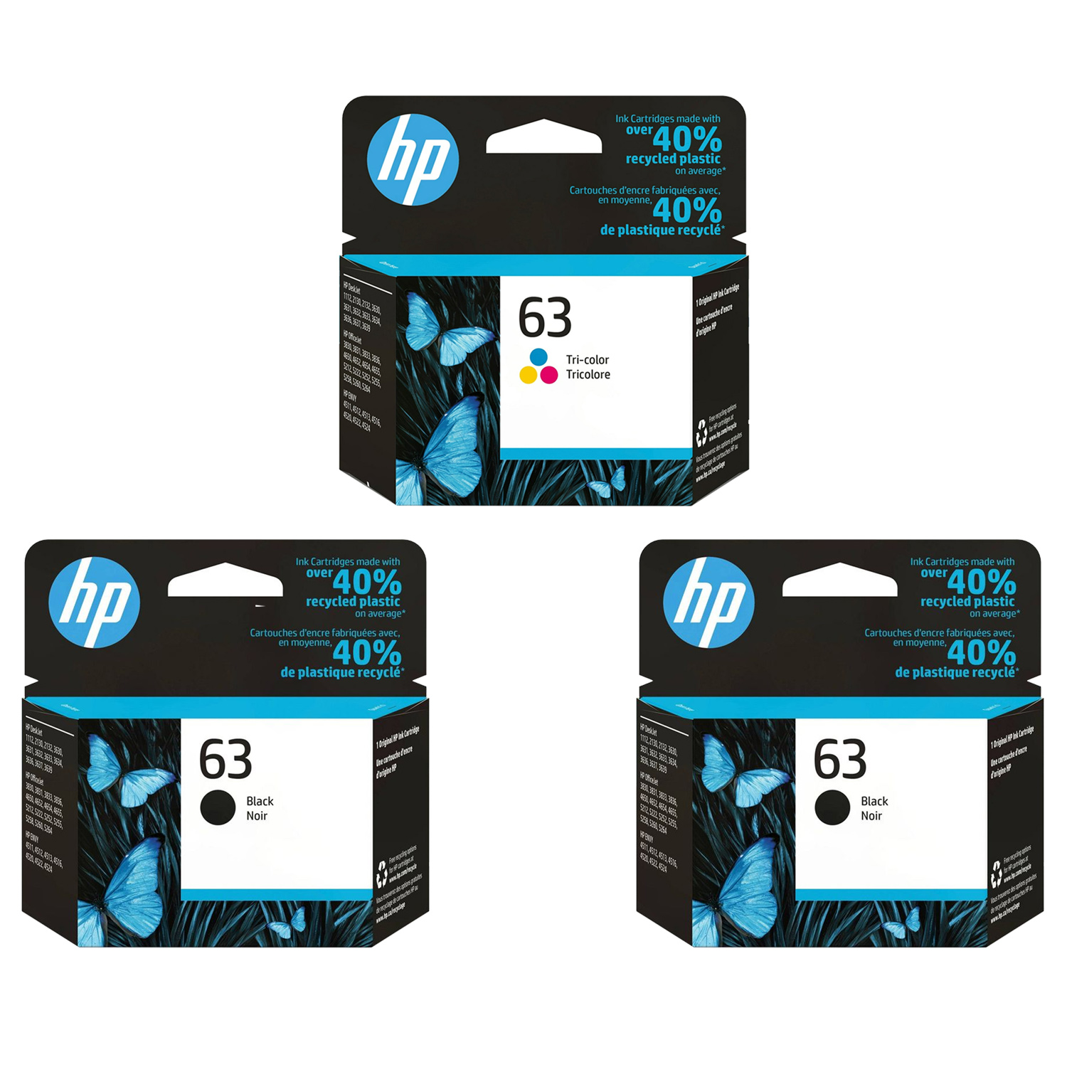 HP 63 black and color ink cartridges